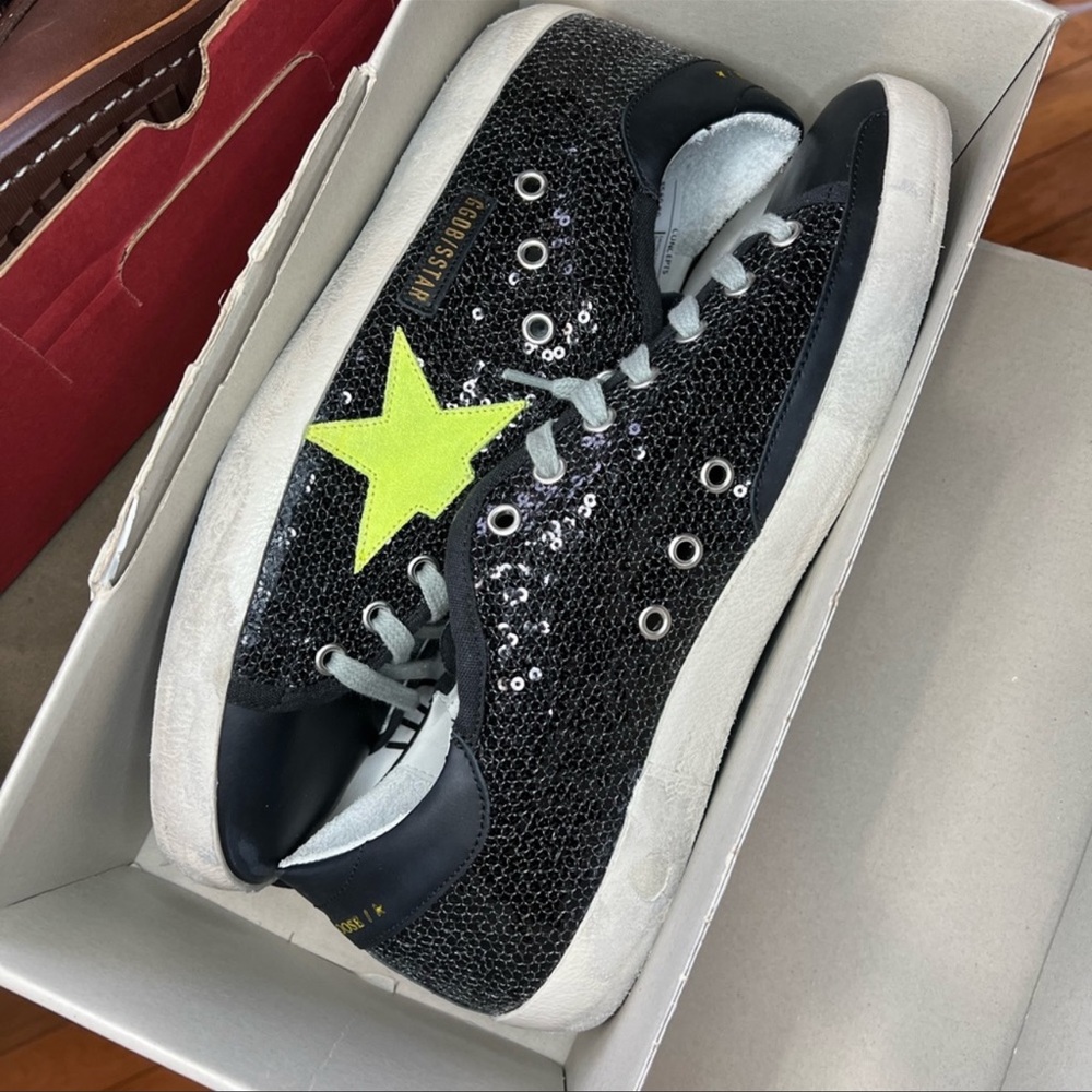 Golden Goose Superstar Sequin Star Leather Heel Black Yellow Fluo Sneakers - Picture 13 of 16